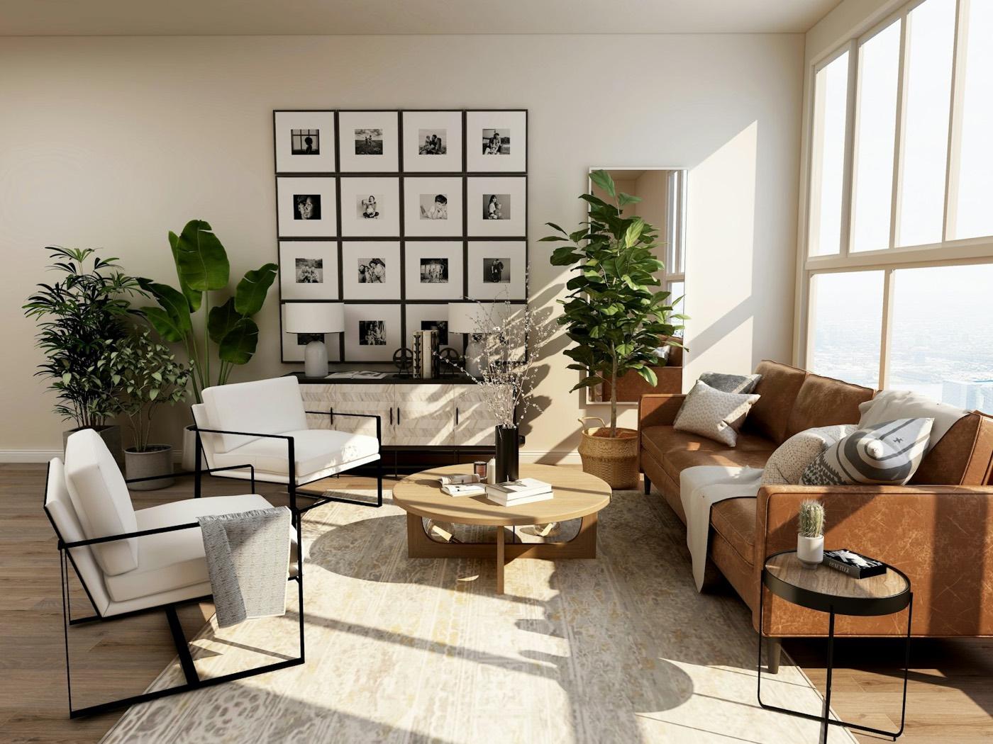 A warm, light-filled contemporary living room with a leather sofa and plants